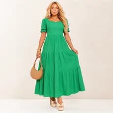 Vestido Longo Três Marias Feminino Malha Laise Midi Manga Bufante Forro no Busto e Saia, Cores Candy