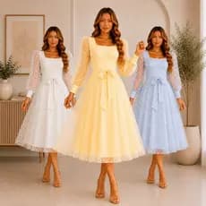 Vestido Feminino Tule Manga Longa Midi Elegante Com Laço Para Amarrar