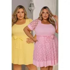 Vestido Plus Size Midi Gode Canelado Com Tule Manga Bufante  Acompanha Laço Para Amarrar Moda