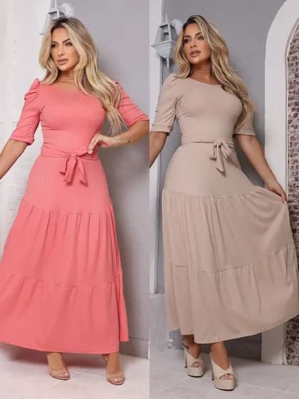 Vestido Longo Canelado Três Marias Manga Bufante Com Laço