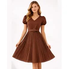 Vestido Plissado Lisa Midi Rodado Moda Evangelica Manga Bufante e Cinto