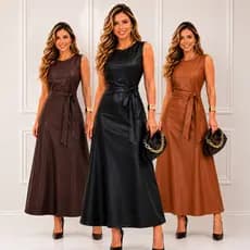 Vestido Feminino Longo Couro Fake com Laço Elegante
