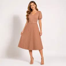 Vestido Plissado Midi Feminino Manga Bufante Com Cinto de Brinde