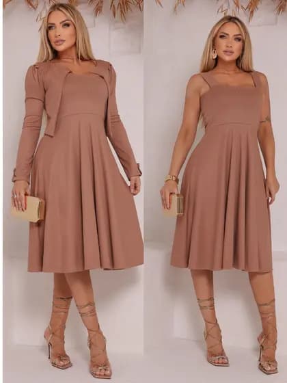 Vestido Rodado Feminino Midi Com Blazer 2 Peças Moda Evangelica, Casual