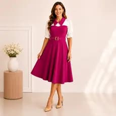 Vestido Midi Evasê Feminino Com Cinto Manga Bufante Gola Flat Crepe Premium Elegante
