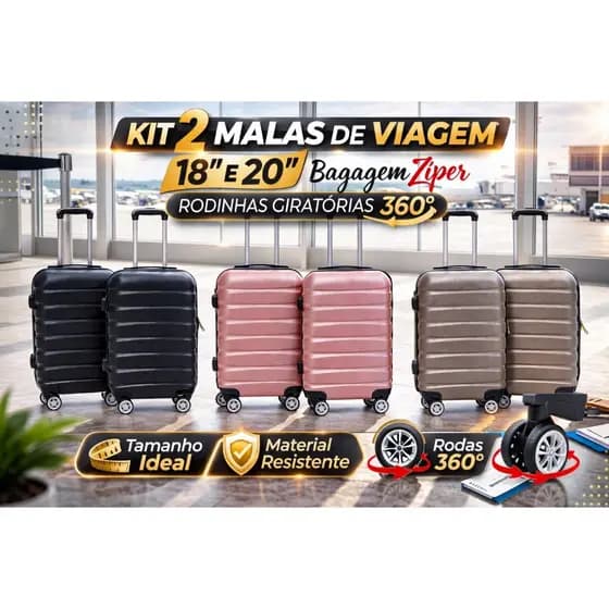 Kit 2 Malas de Viagem Com Rodinhas 18'' e 20'' - Rosa /Cinza /Preta