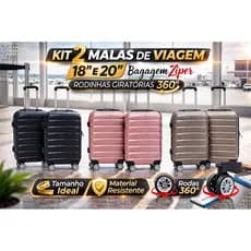 Kit 2 Malas de Viagem Com Rodinhas 18'' e 20'' - Rosa /Cinza /Preta