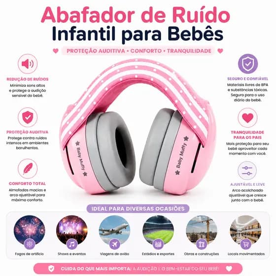 Abafador De Ruído Para Bebes Autismo Tdah (Rosa)