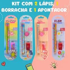 Kit Escolar Fantasia Fofo Com 2 Lápis HB, Borracha E Apontador