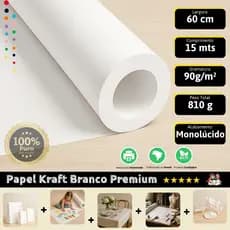 Papel Kraft Branco 90g Com 60cm x 15 Metros Monolúcido - Plotter - Embalagem - Decoração - Molde