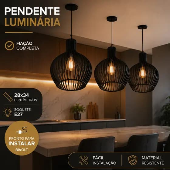 kit 03 Pendentes De Teto Modelo Gota Grande De Madeira Mdf Preto - 3gmp