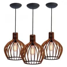 03 Pendentes Luminária de Madeira para Balcão de Cozinha Cor Marrom - 1 Metro de fio - 3ppm