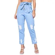 Calça Jeans Feminina Cintura Alta Mom Jogger Destroyed