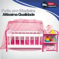 Berço Para Boneca Em Madeira Brinquedo Realista Com Mosquiteiro Colchão E Travesseiro