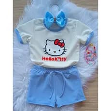 Roupa Infantil Menina Hello Kitty Conjunto Primavera / Verão  Short + Blusa Rosa / Azul