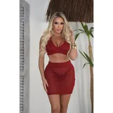 Conjunto Saia e Top Tricot Saída de Praia Saia Curta Tricô