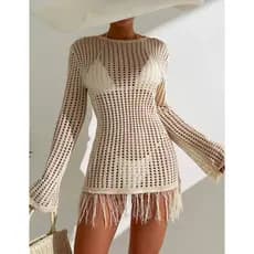 Vestido Tricot Franjinha Saída de Praia Curtinho manga Longa Moda Verão Estilosa Europa saida franja