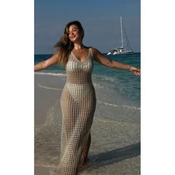 Saída de praia Vestido Plus size alça tricot furinho