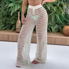 Calça Tricot Crochê Furinho Saída de Praia Cintura Alta