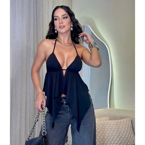 Top Cropped Bata Feminina Babado Decote