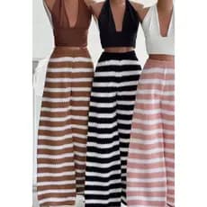 Calça Feminina Modal Tricot Listrada Pantalona Wide Leg Folgada