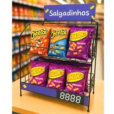 Expositor Display Cestos Ganchos Balcão Cartelas Mercearia Conveniência Lojas Salgados Doces