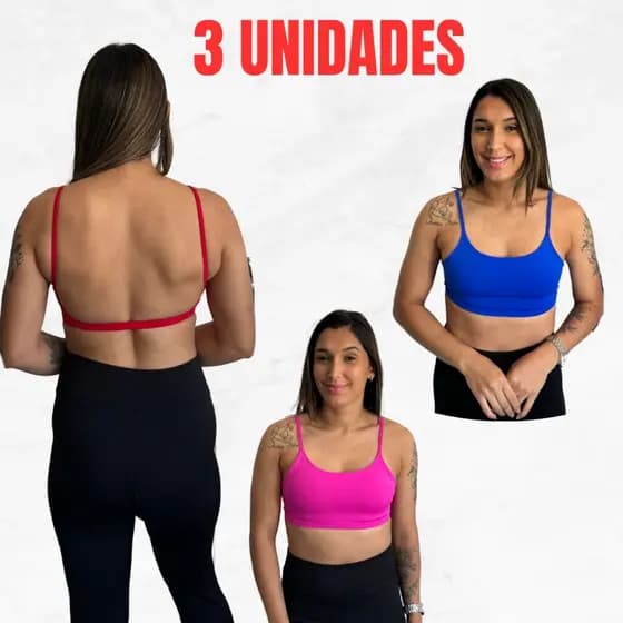 Kit 3 Top Academia Fitness Costas Nua Com Forro Em Poliamida Alça Fina Com Elástico Na Barra