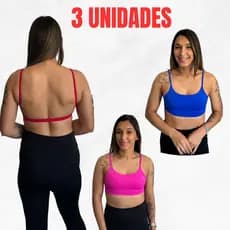 Kit 3 Top Academia Fitness Costas Nua Com Forro Em Poliamida Alça Fina Com Elástico Na Barra