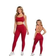 Conjunto Calça Legging Cintura Alta e Top Costa Nua Duplo Poliamida Fitness  Com Elástico Na Barra