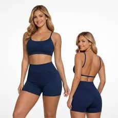 Conjunto De  Academia Feminino Top Costa Aberta E Shorts Meia Coxa Em Poliamida Fitness