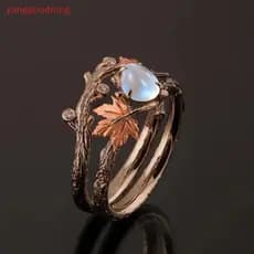 (YGN) Anel Vintage Antigo Dourado Galho le Folha Moonstone Para Mulheres Meninas Ring Light De Luz Acessórios De Joias P
