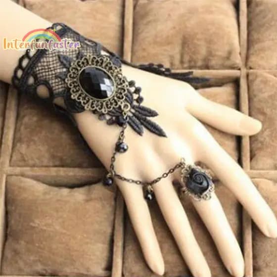 [FunfasterB] Pulseira De Alta Qualidade Renda Preta Dedo De Corrente De Mão Feminina Metal [Novo]