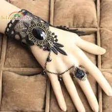 [FunfasterB] Pulseira De Alta Qualidade Renda Preta Dedo De Corrente De Mão Feminina Metal [Novo]