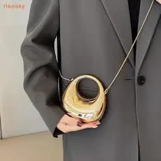 [risesky] Bolsa Feminina Crossbody Com Corrente , Pequena Acrílica Metálica Brilho Meia Lua , Festa , Banquete De Luxo
