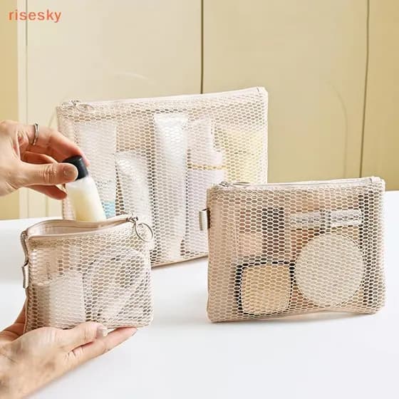 [risesky] Bolsa De Armazenamento De Cosméticos De Malha De Camada Dupla Organizador De Maquiagem Com Zíper Para Produtos