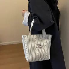 Ins Bolsa De Lona Feminina Novo Estilo Coreano Casual Listrado Grande Capacidade Classe Deslocamento Ombro À Venda