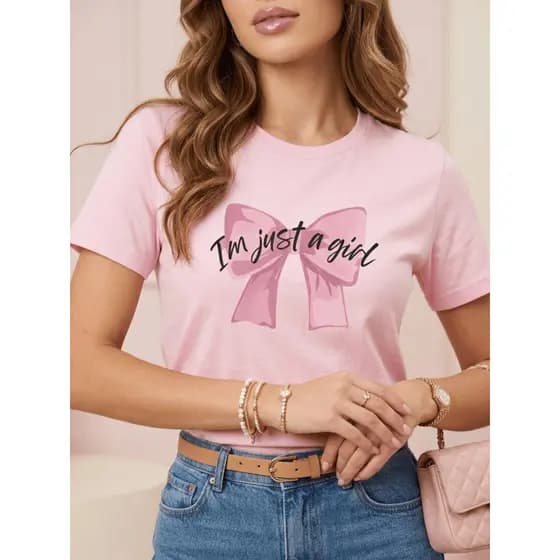 Camiseta Tshirt Blusa Laço Just Girl Patricinha Casual Estampa DTF 100% Algodão Feminina Diário Moda