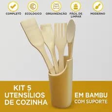 Kit 5 Utensílios de Cozinha em Bambu com Suporte Cepo Organizador
