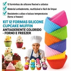 Kit 12 Formas Silicone Cupcake Muffin Antiaderente Colorido - Forno e Freezer