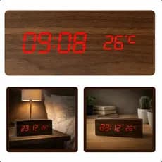 Relógio Retangulo De Mesa Digital Despertador Led  Marrom