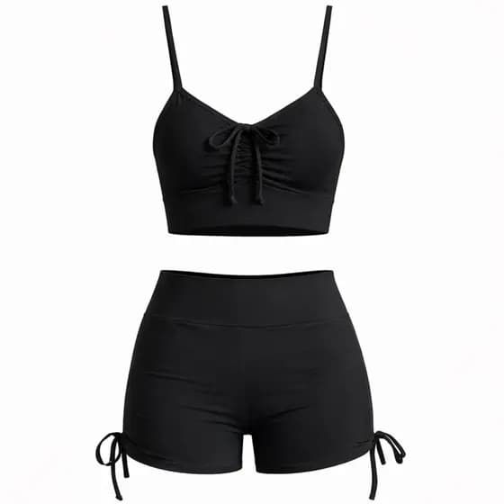 Conjunto Preto Feminino Fitness Short e Top Suplex Academia Laço Lateral Cordinha Cintura Alta