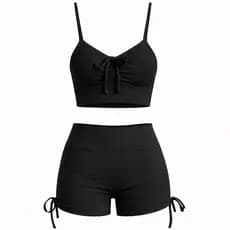 Conjunto Preto Feminino Fitness Short e Top Suplex Academia Laço Lateral Cordinha Cintura Alta