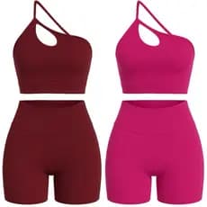Kit 2 Conjuntos Fitness Feminino Suplex Short Cintura Alta Levanta Bumbum + Top Gota 1 Alça Academia Treino