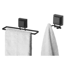 kit  lavabo banheiro cor preto fosco fixação ventosa 02 peças Future gancho duplo e toalheiro rosto