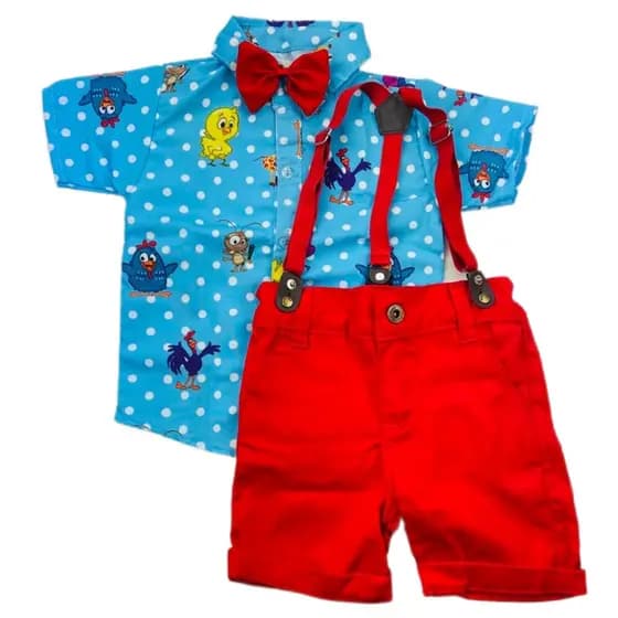 CONJUNTO festa GALINHA PINTADINHA roupa tematica de menino Camisa Gravata Bermuda e Suspensório