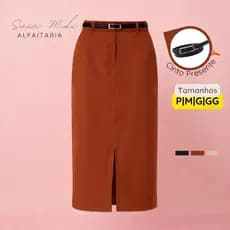 Saia Midi Evangélica com Cinto Fino Alfaitaria Bolso Social Evasê