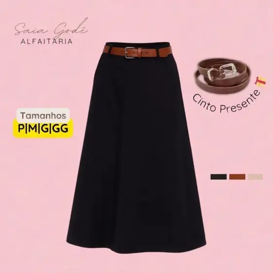 Saia Godê Longa Social Rodada Alfaiataria Cinto Bolsos Moda Evangélica Evaze Elegante