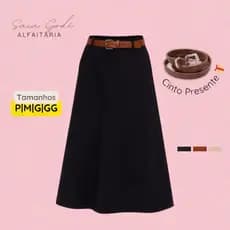 Saia Godê Longa Social Rodada Alfaiataria Cinto Bolsos Moda Evangélica Evaze Elegante