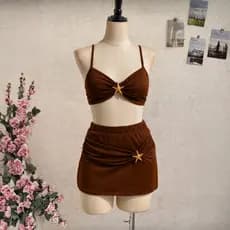 Conjunto 3 Peças Trikini Biquini Saia Detalhe Dourado Estrela Moda Praia