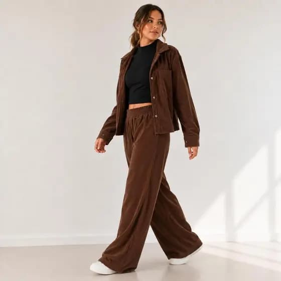 Conjunto Blusa Manga Longa Cotelê Botões Calça Pantalona Bolsos